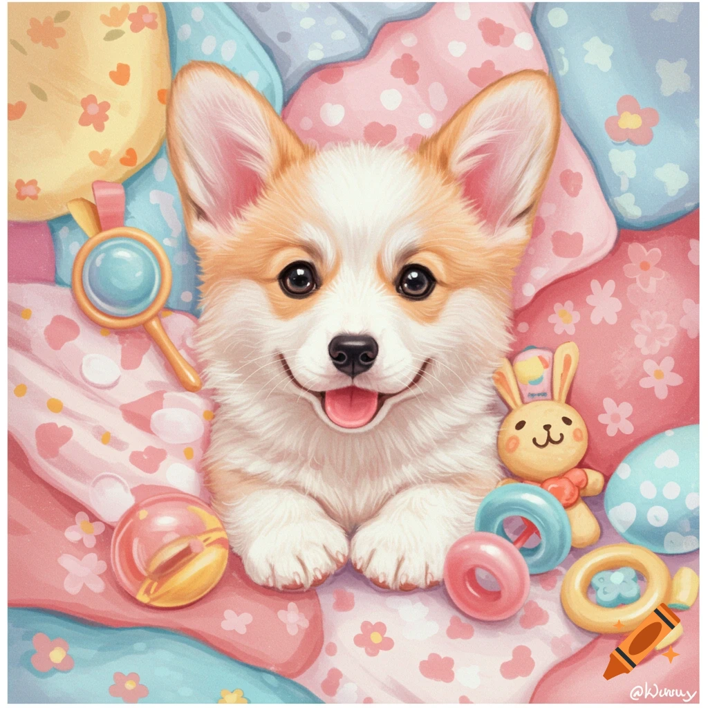 Cute corgi puppy sits among pastel baby toys and pillows in a painterly style.