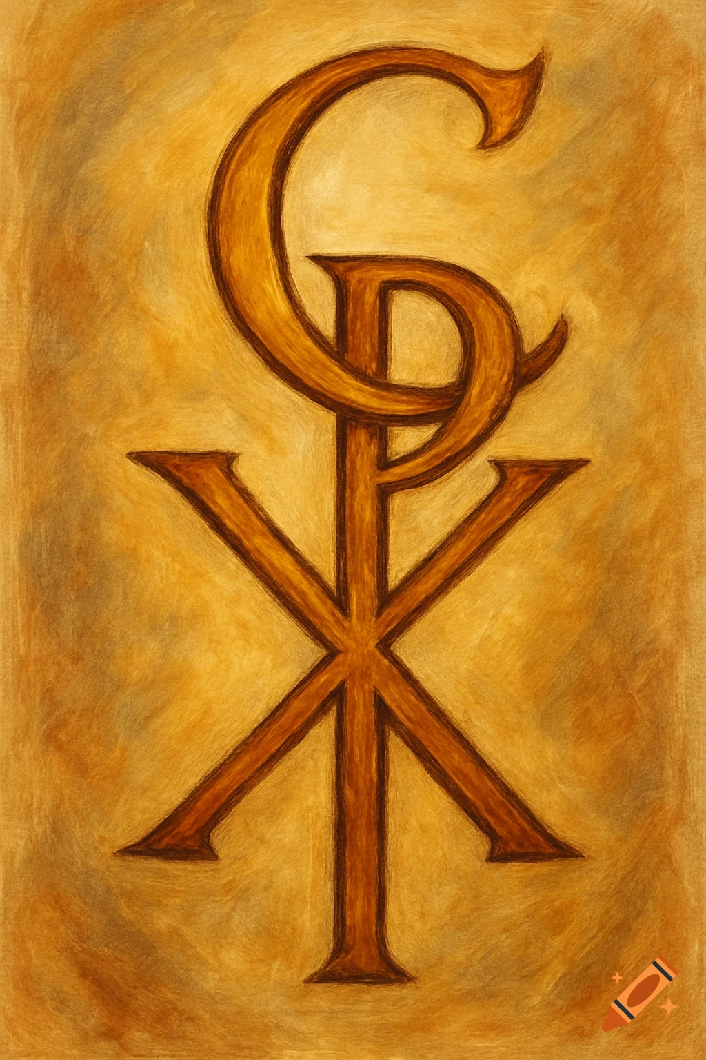 An artistic rendering of a religious symbol combining Chi, Rho, and C letters on a textured background.