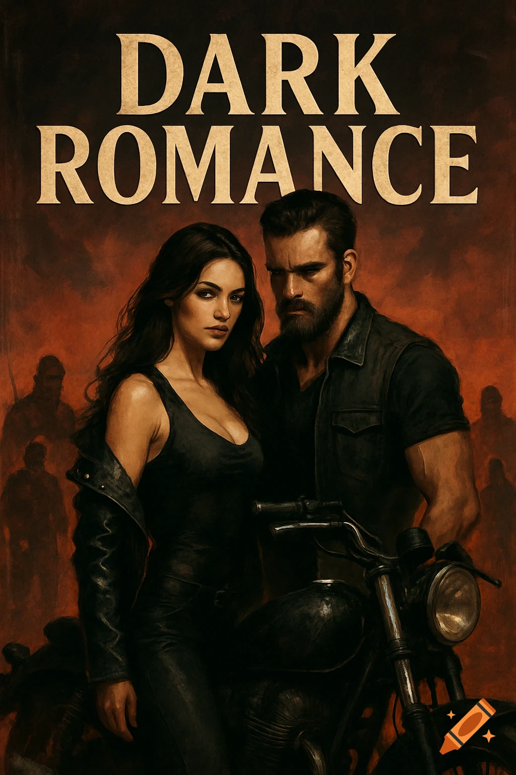 Book cover illustration of a couple and motorcycle titled "DARK ROMANCE".