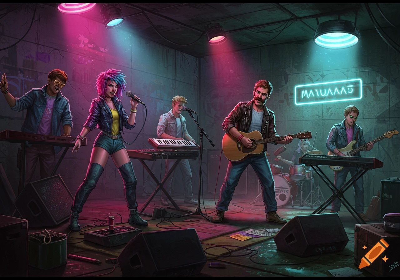 A band with punk and 80s style musicians plays under pink and blue neon lights in a dark room.