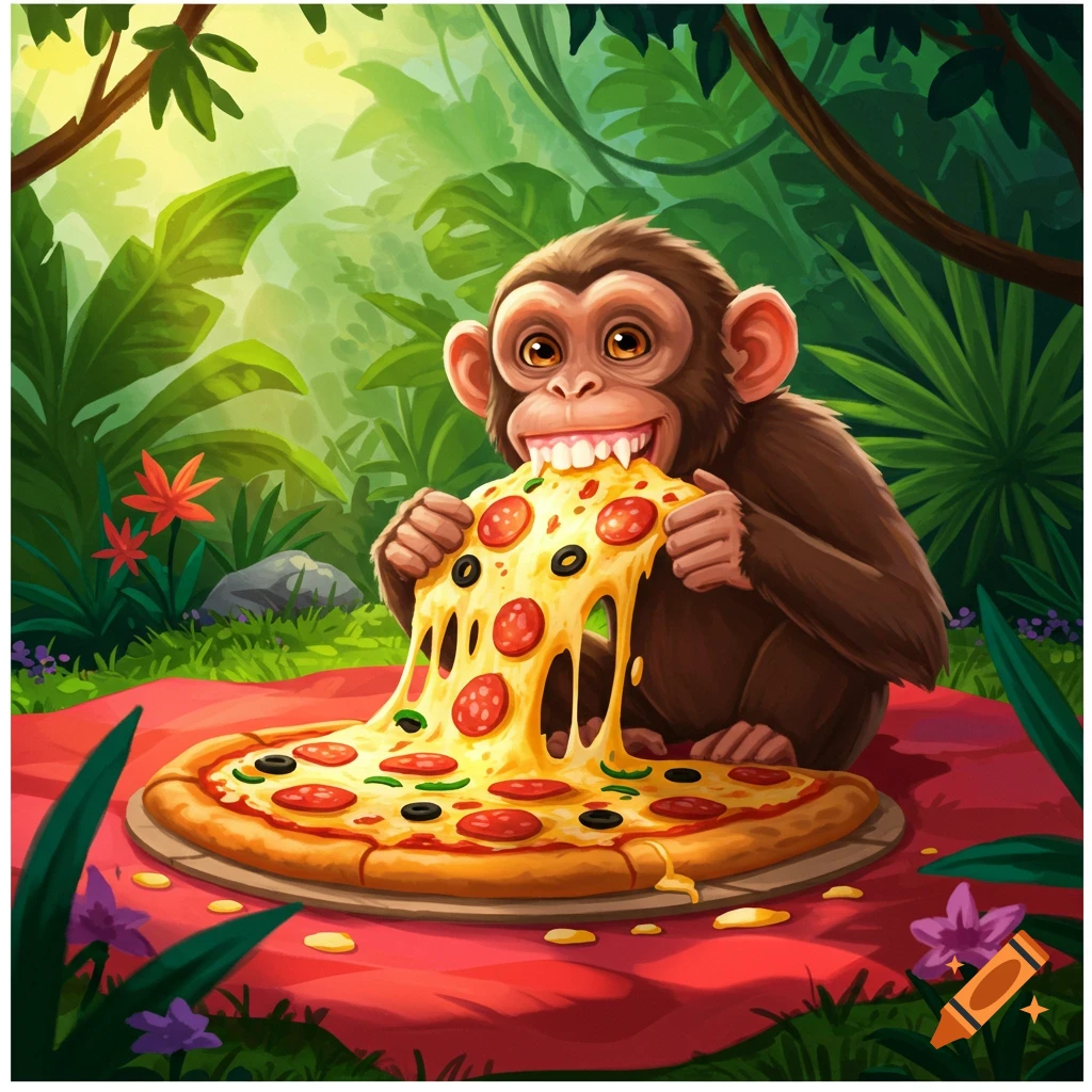 Cartoon monkey eating a large slice of pizza in a jungle.