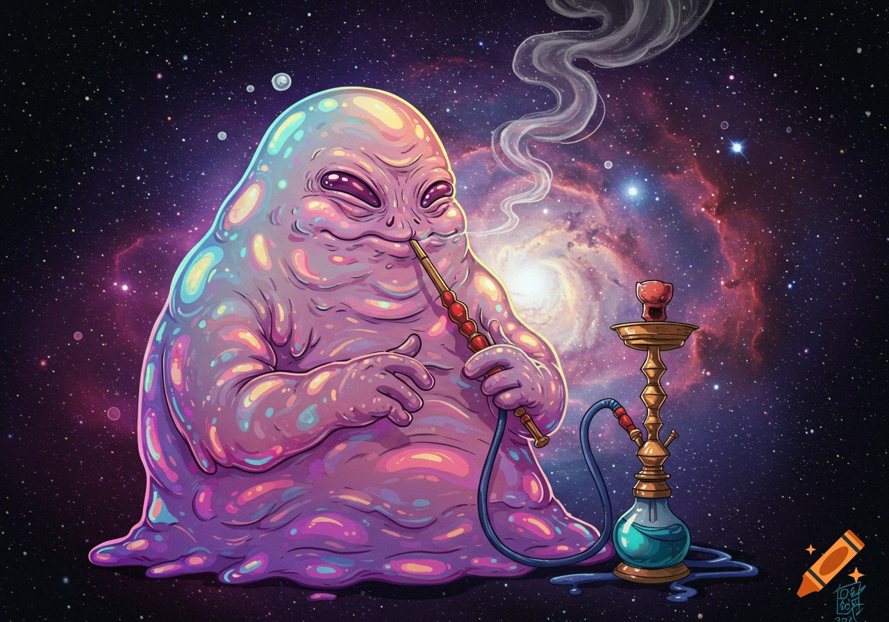 Colorful illustration of a blob alien smoking a hookah in space.