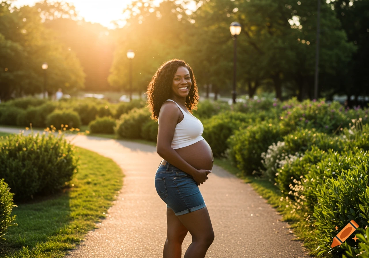 A pregnant woman in denim shorts and a white crop top smiles and holds her belly in a sunny park at sunset.