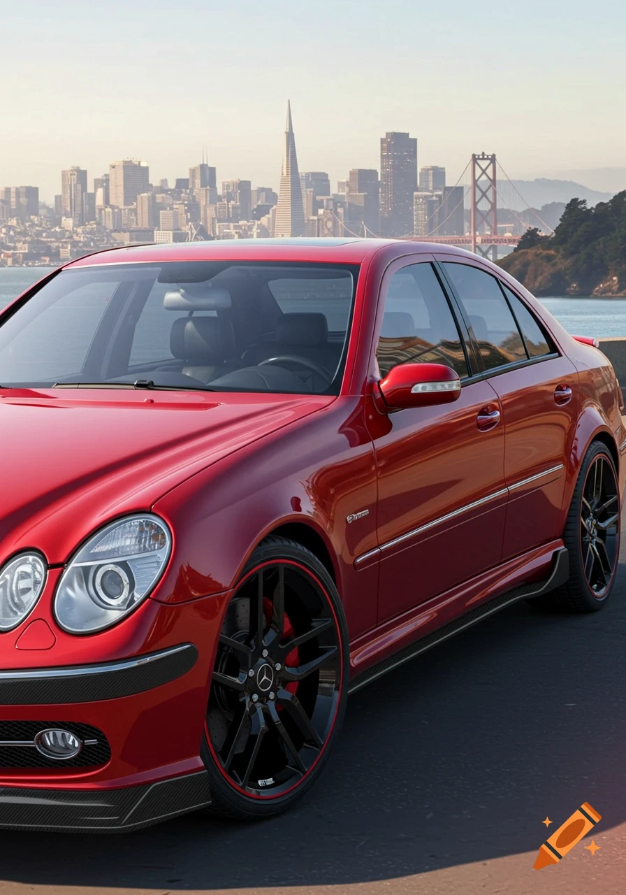 A red Mercedes-Benz sedan is parked on a street with the San Francisco skyline and Golden Gate Bridge in the background.