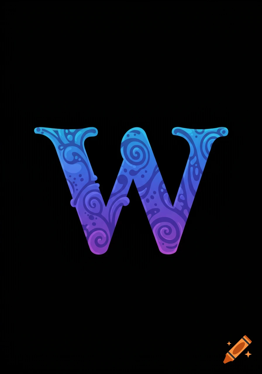 Stylized letter W with blue and purple gradient swirl pattern on black background.