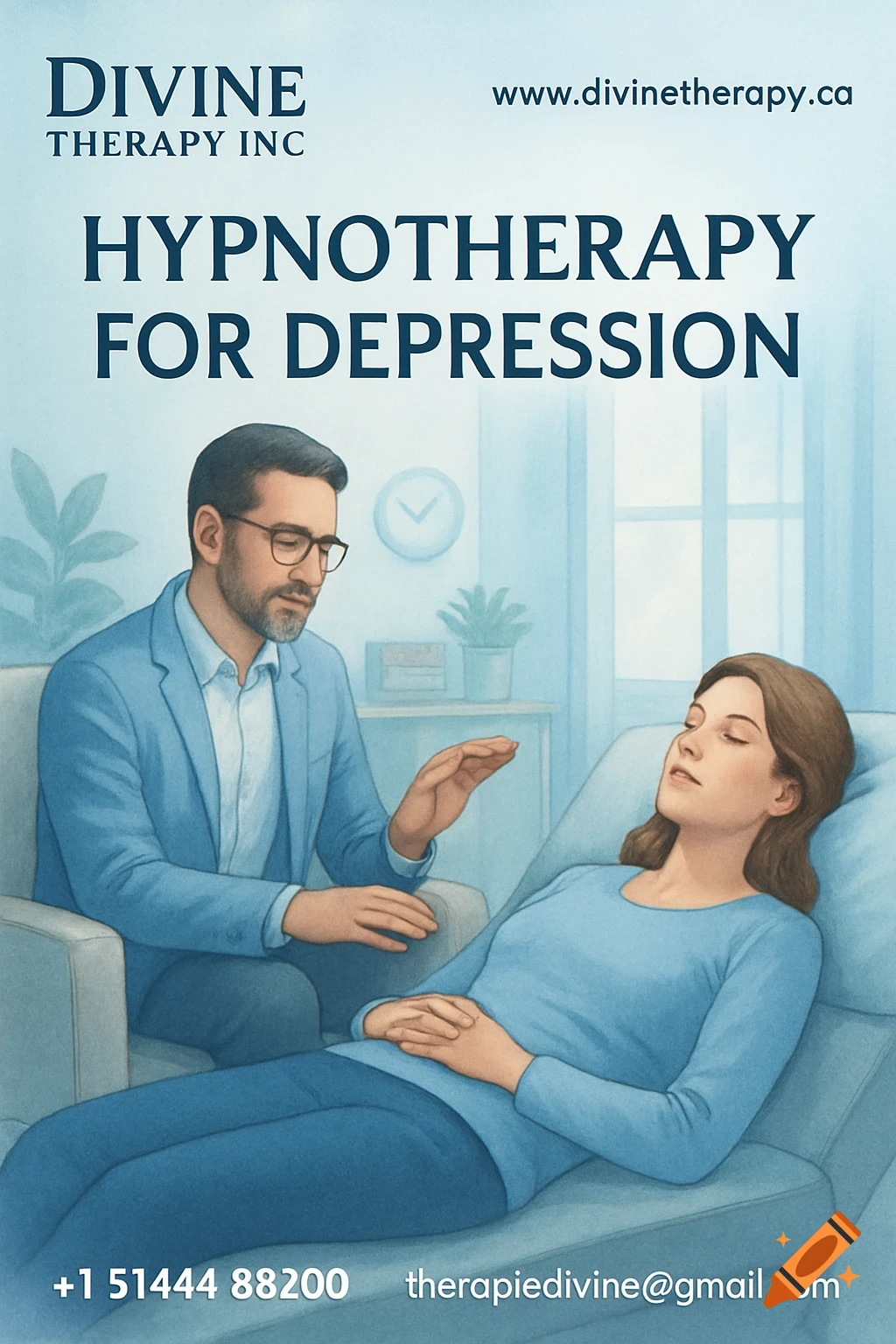 Illustration of a therapist using hypnotherapy on a client in a calming office. Includes contact info and company name.