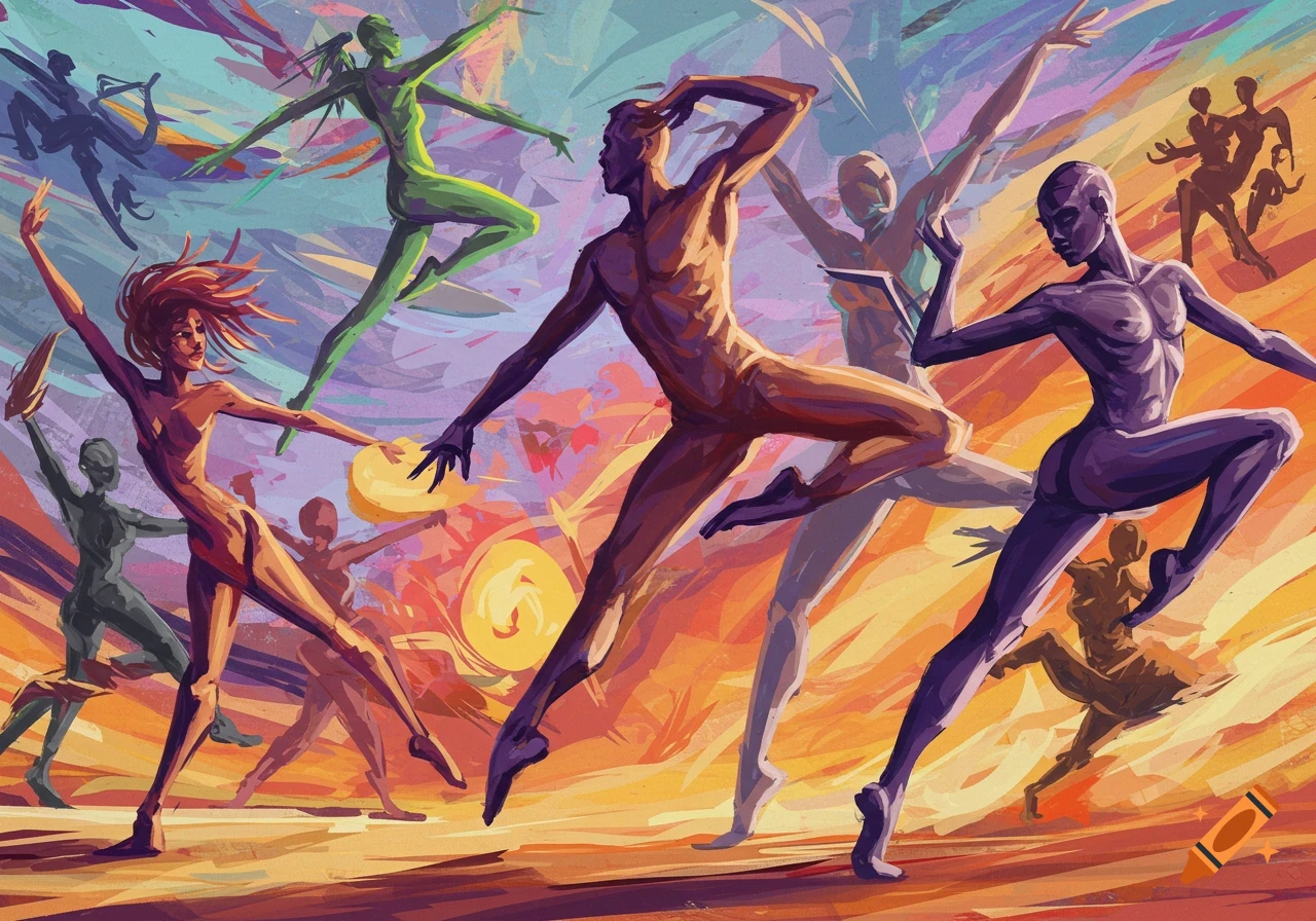 Dynamic abstract painting of figures in colorful, expressive dance ...