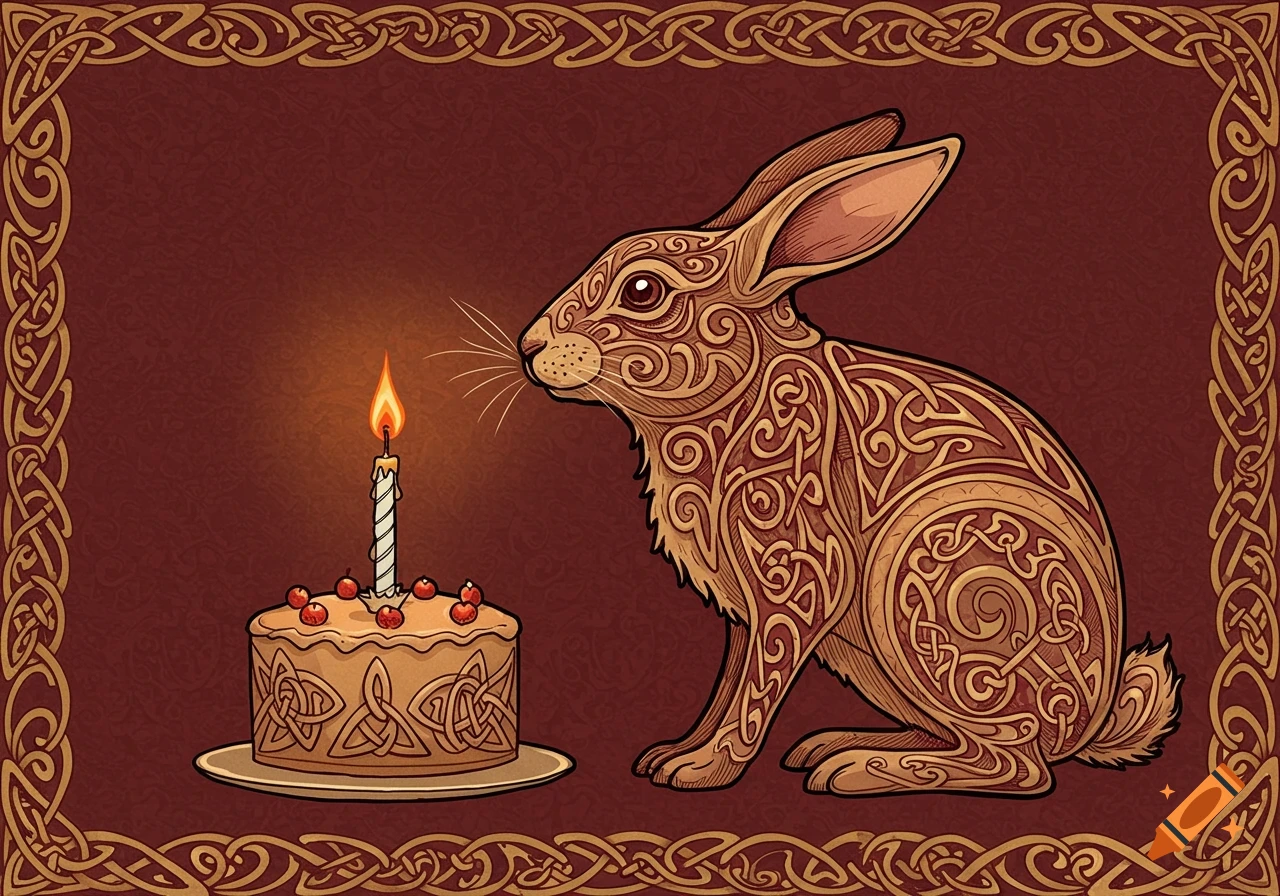 Celtic style illustration of a rabbit with a birthday cake and candle, framed by knotwork.