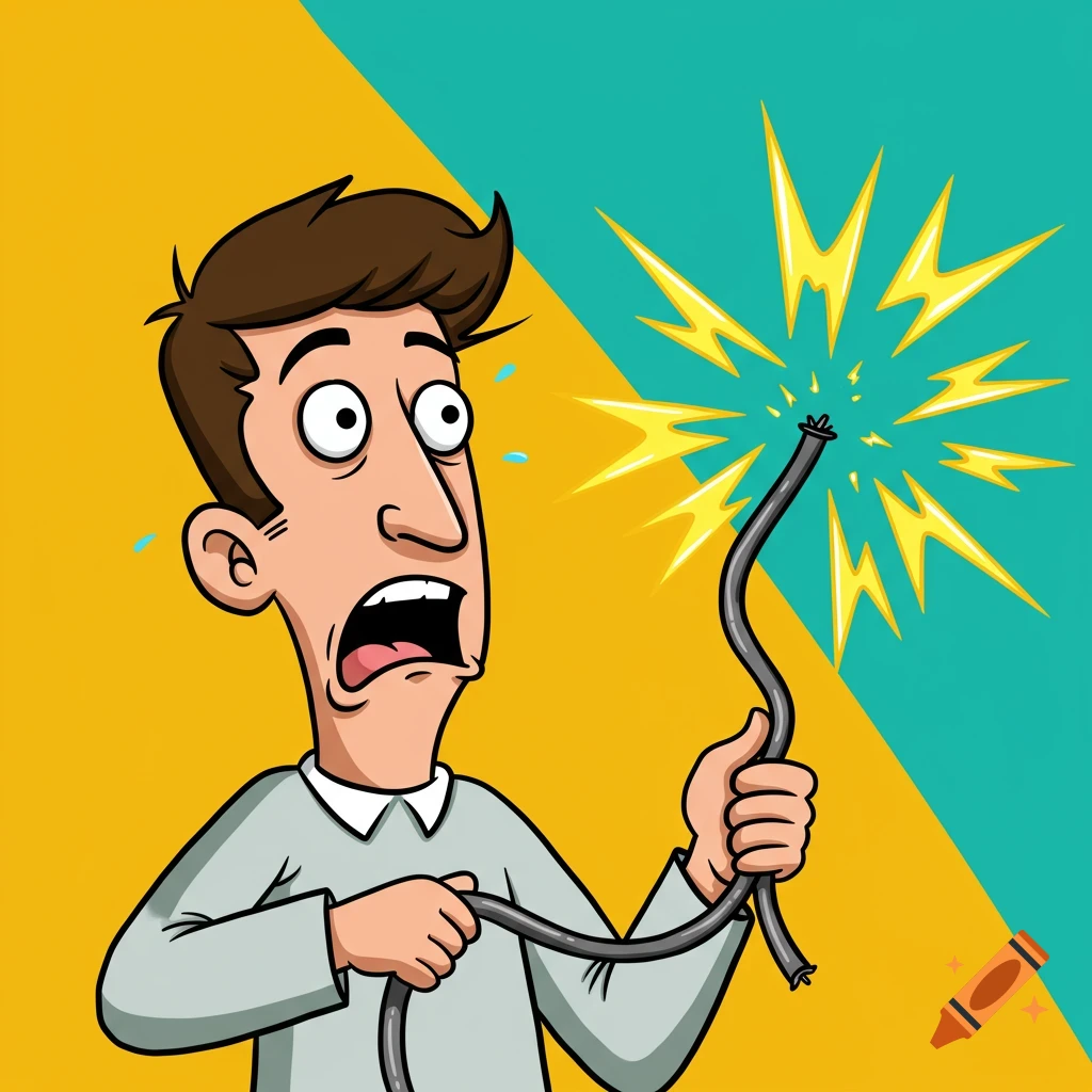 Cartoon man looks shocked holding a sparking wire.