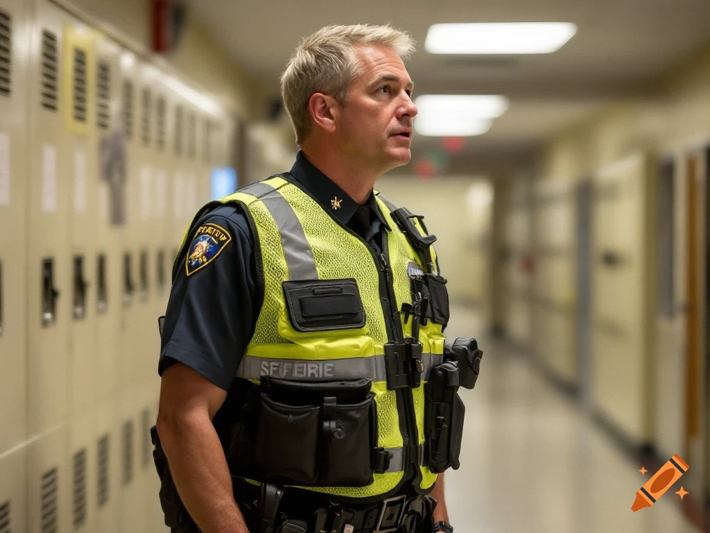 Man in a police/security uniform and reflective vest stands in a school hallway next to lockers. Photorealistic.