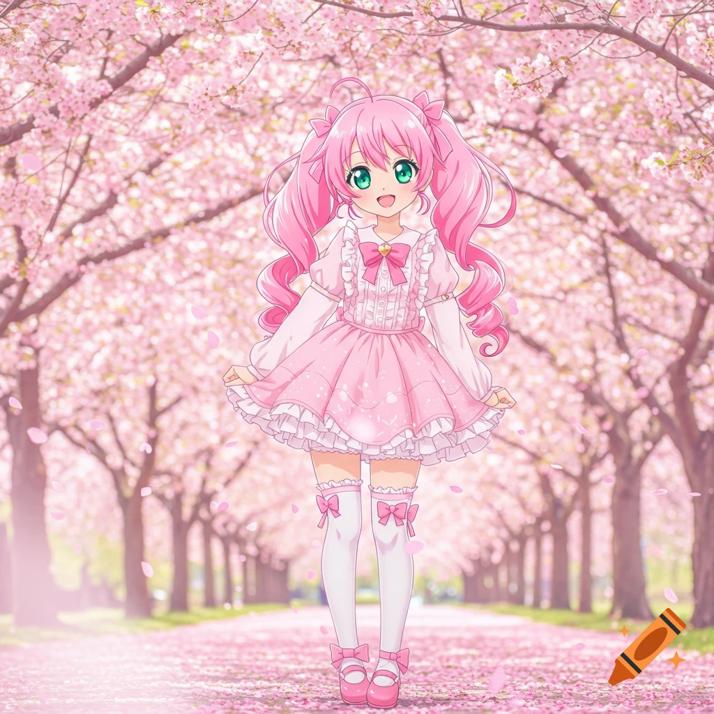 Cute anime girl with pink hair in a pink dress stands among cherry blossom trees with falling petals.