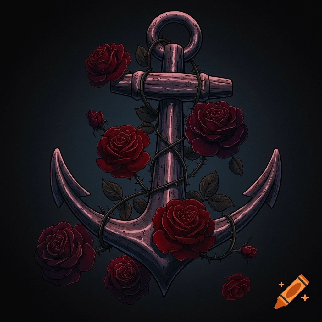 A metallic anchor is entwined with dark red gothic roses and thorny vines against a dark background.