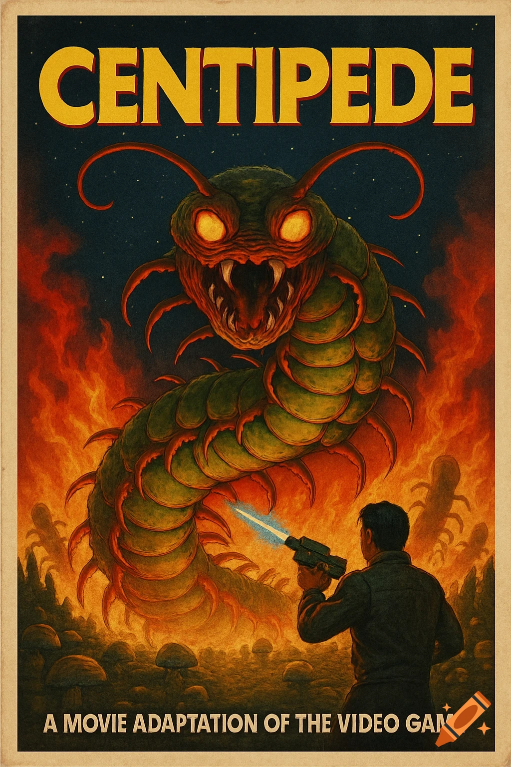 Retro movie poster for Centipede featuring a giant centipede and a person with a laser gun.