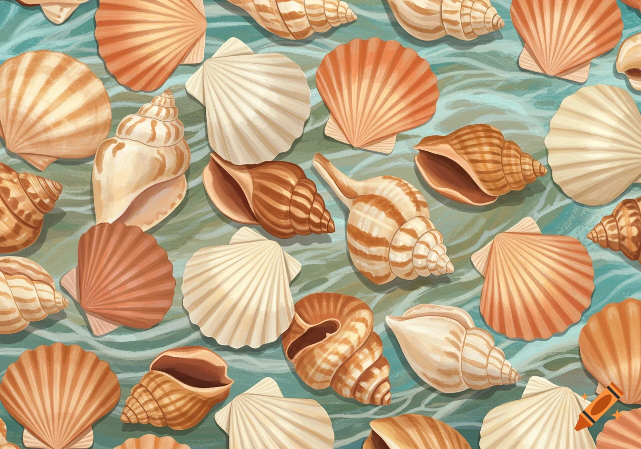 A seamless pattern of various seashells on a wavy teal background in an illustrative style.