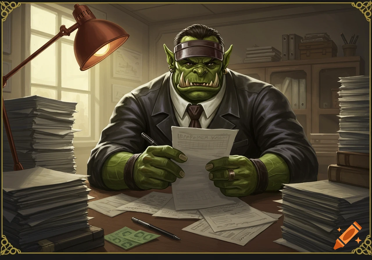 An orc in a suit and green visor works at a desk full of papers in a fantasy art style.
