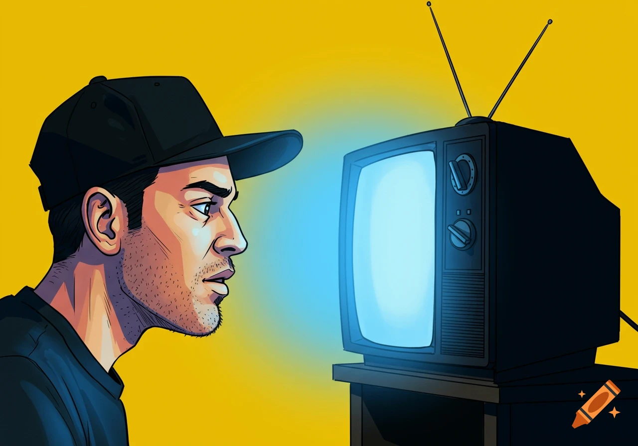 Illustration of a man in a black cap watching a glowing television.