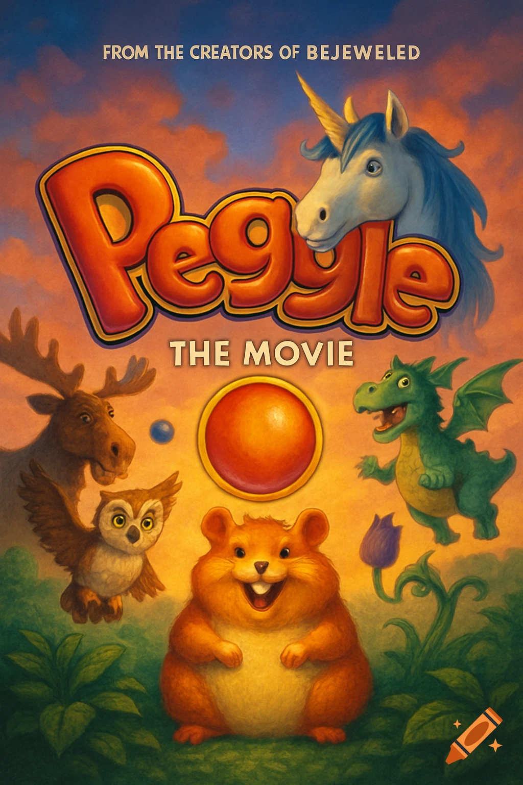Peggle The Movie poster featuring a hamster, owl, moose, dragon, and unicorn characters.