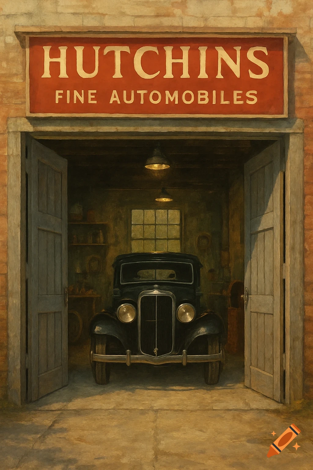 A vintage car is parked inside a garage with the sign "HUTCHINS FINE AUTOMOBILES" above the entrance, painterly style.