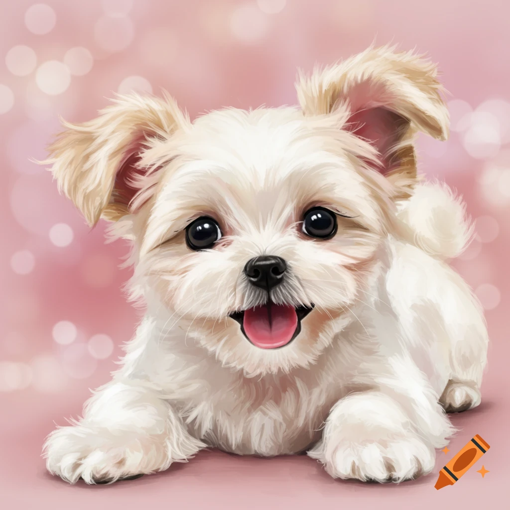 An illustration of a cute baby puppy lying down on a pink background.