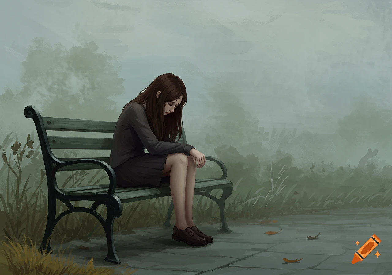 A sad woman sits alone on a park bench in a digital painting.