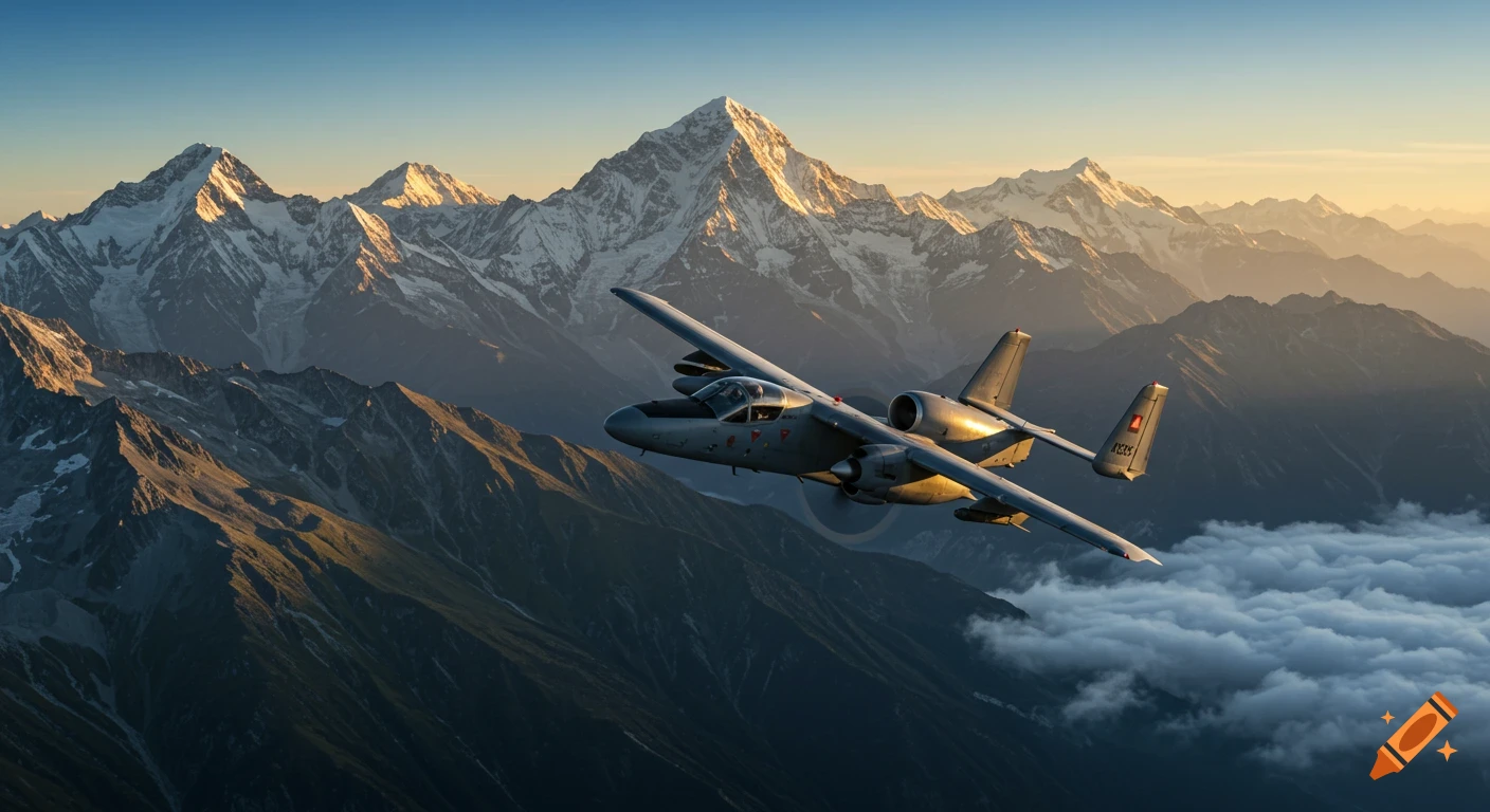 OV-10D aircraft flying over snowy mountains at sunset.