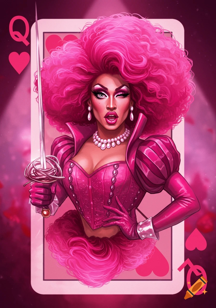 Illustration of a drag queen in a pink outfit holding a sword on a Queen of Hearts card background.