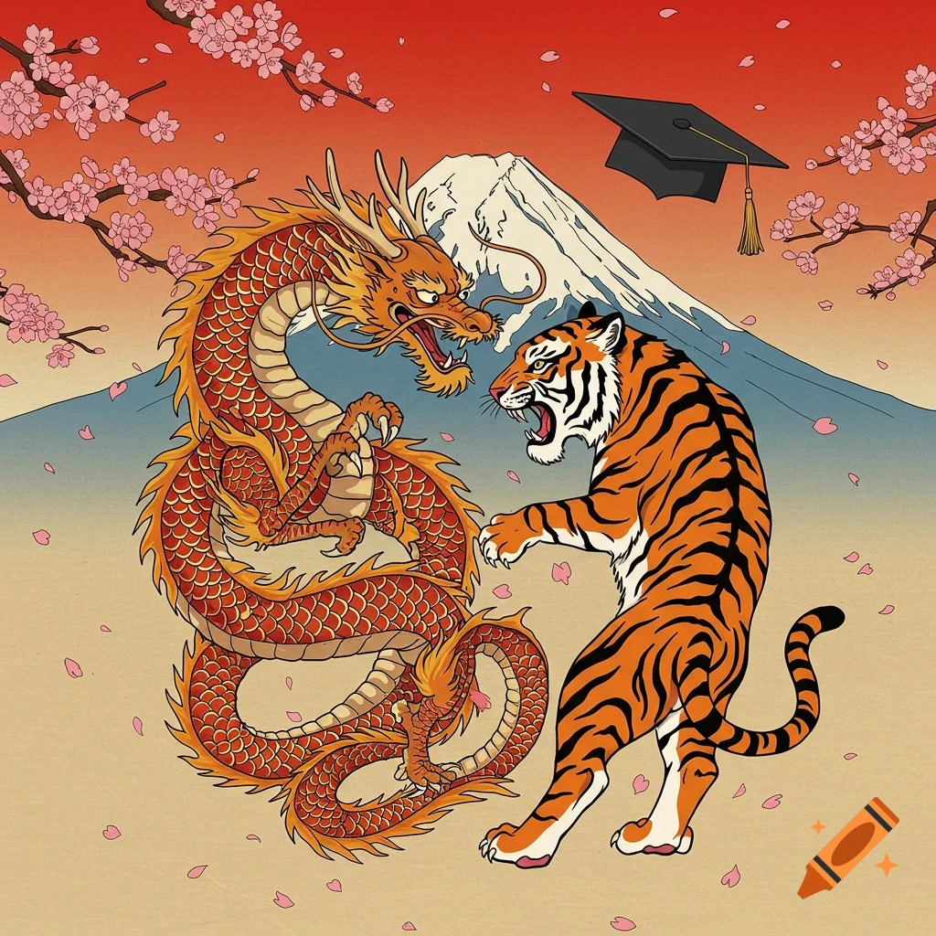 Traditional Japanese style illustration of a dragon and tiger facing off, with Mount Fuji, cherry blossoms, and a graduation cap.