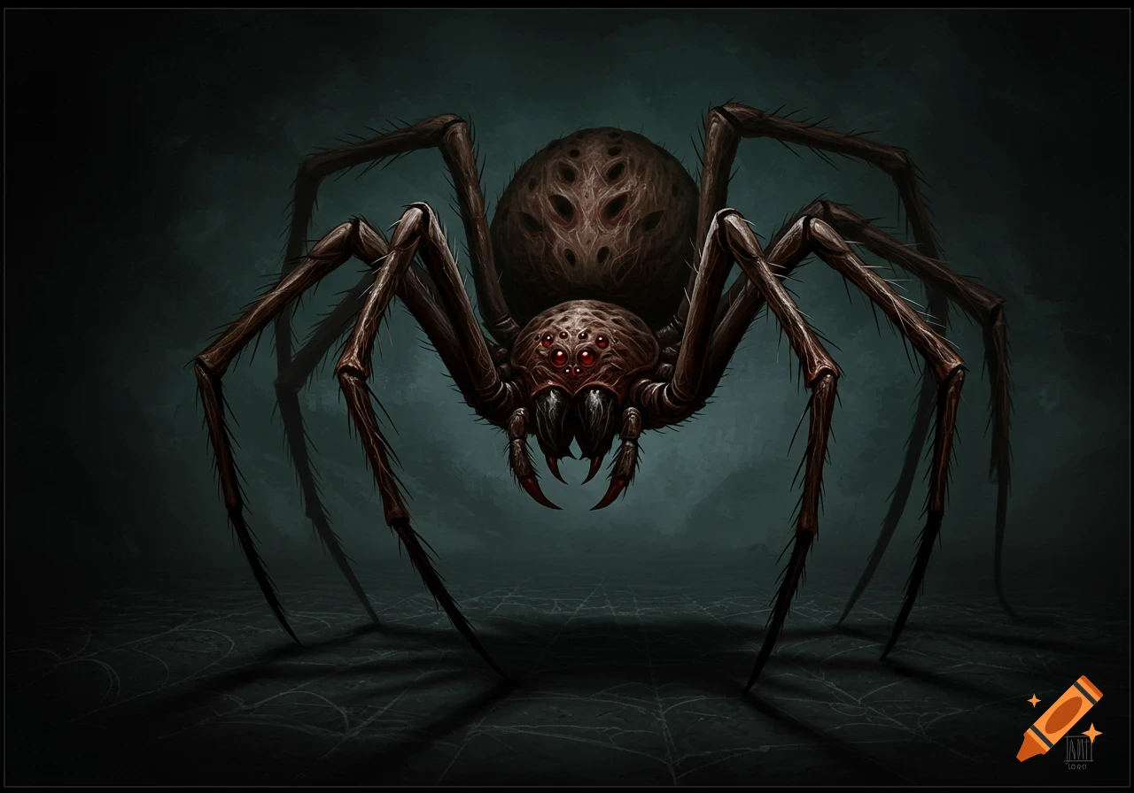 A large, scary brown spider with many red eyes stands on a dark web.