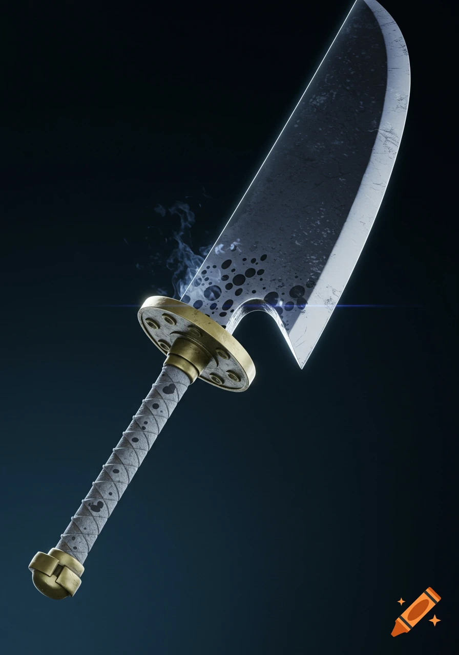A detailed render of a large fantasy sword with a cleaver-like blade and wrapped handle.