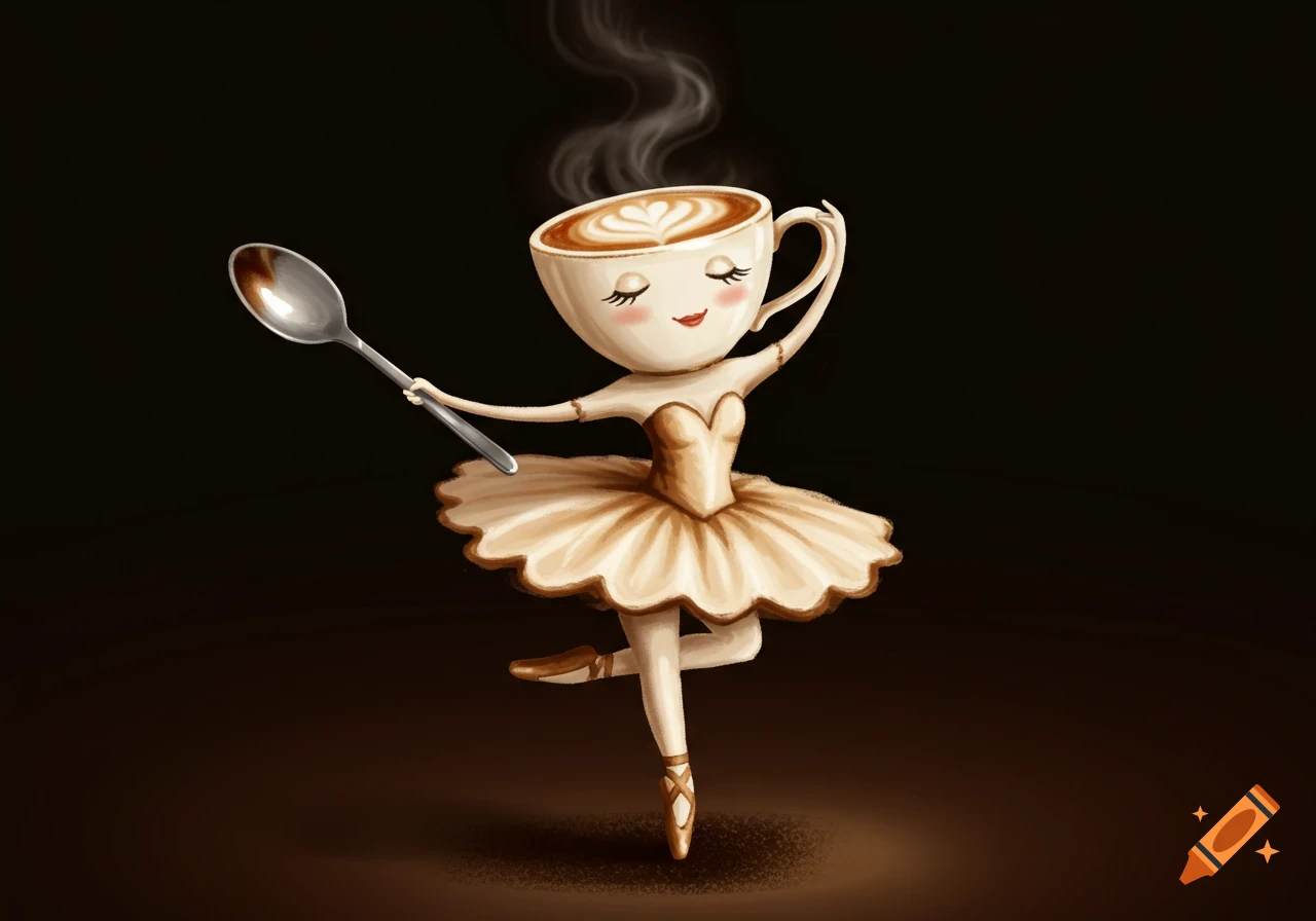 A cute illustration of a coffee cup shaped like a ballerina dancing en pointe, holding a spoon.