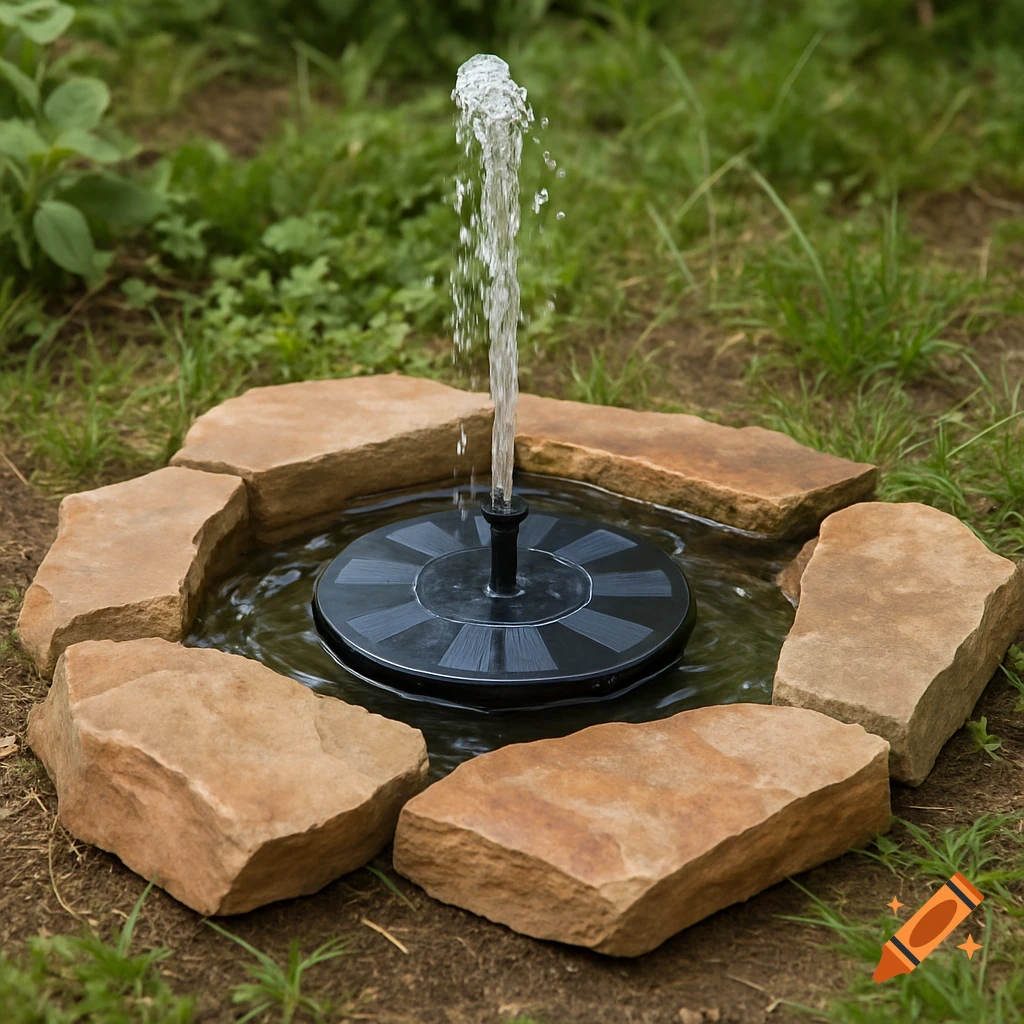 Small solar-powered fountain surrounded by rocks in a garden.