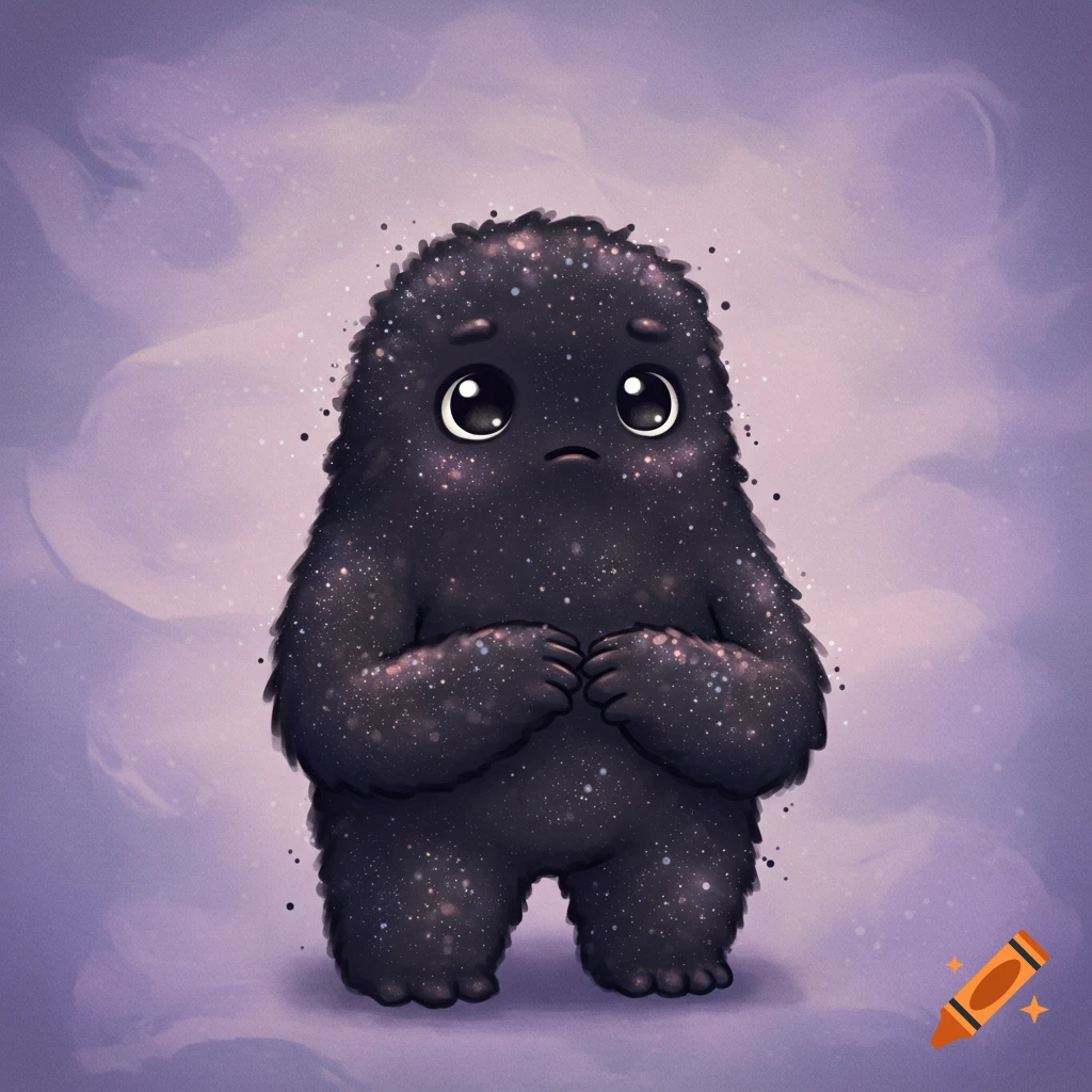 A cute, sad, sparkly black monster against a purple cosmic background.