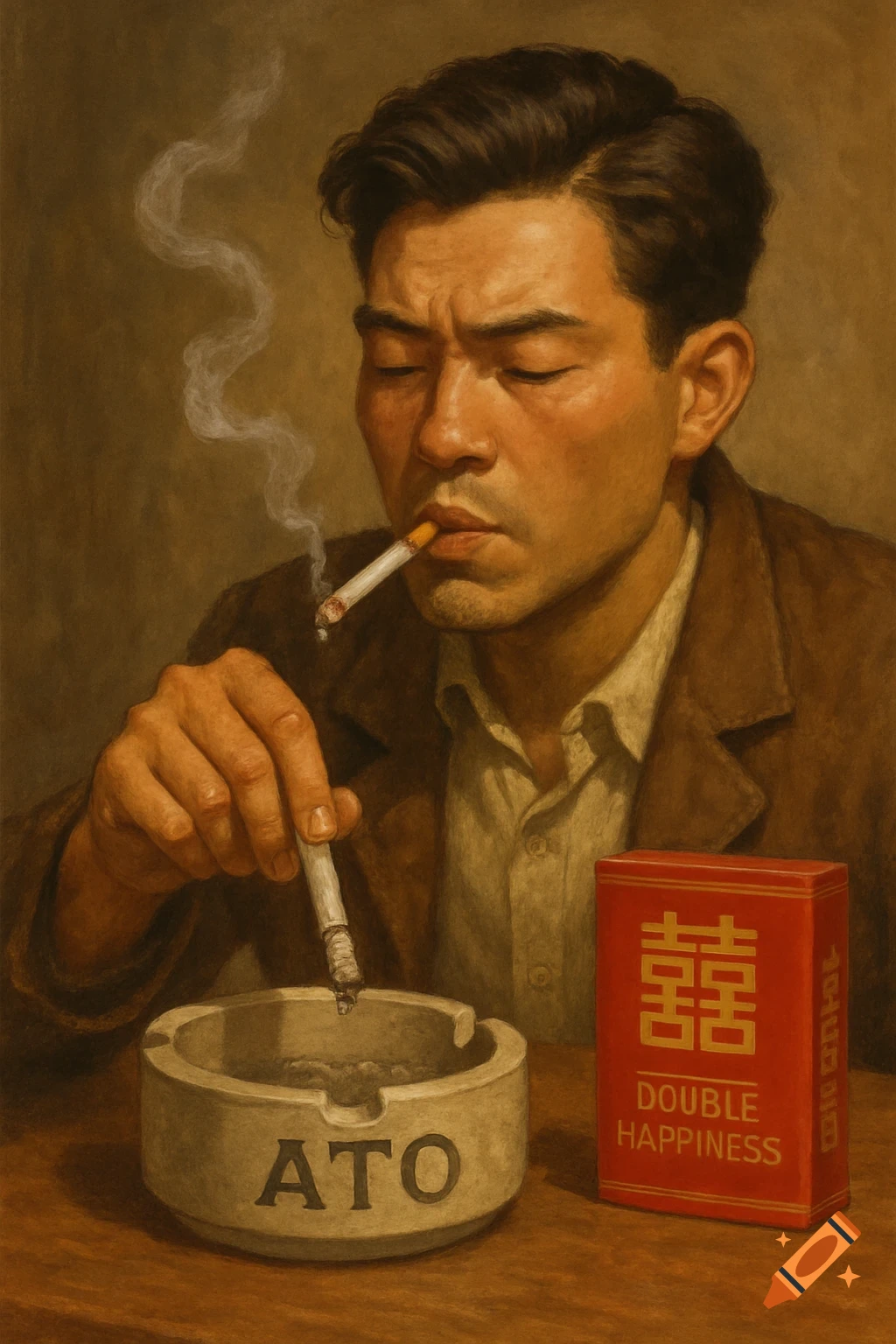 Painting of a man smoking a cigarette and tapping ash into an ashtray, with a Double Happiness cigarette box on the table.