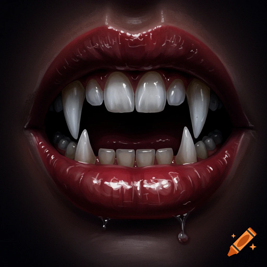 Close up of red glossy lips revealing sharp white vampire fangs and teeth, with liquid dripping.