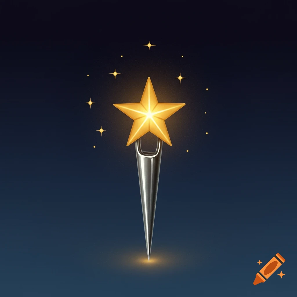 A golden star rests on a silver needle against a dark blue background with small twinkling stars.