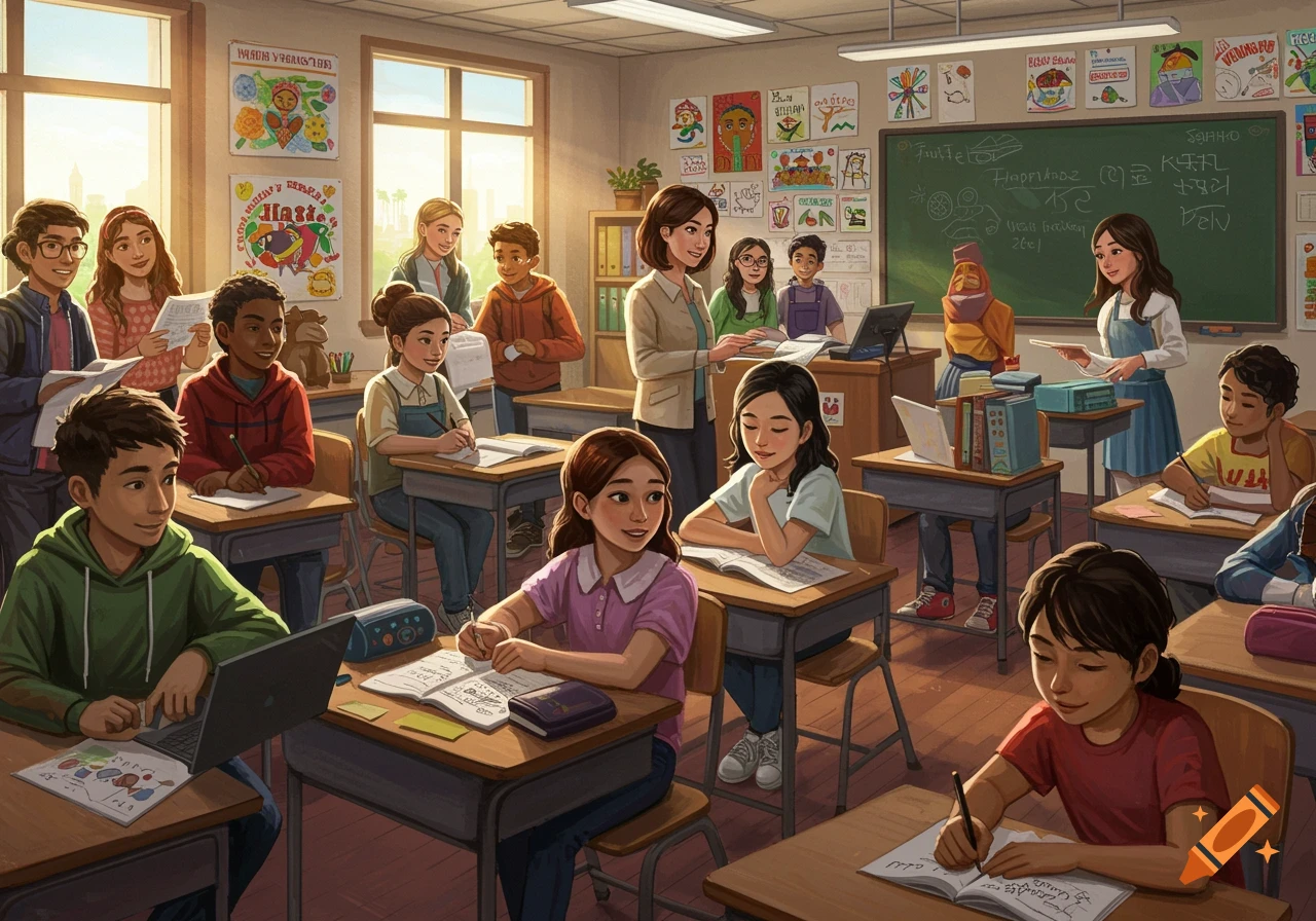 An illustration of a diverse classroom with students and a teacher.