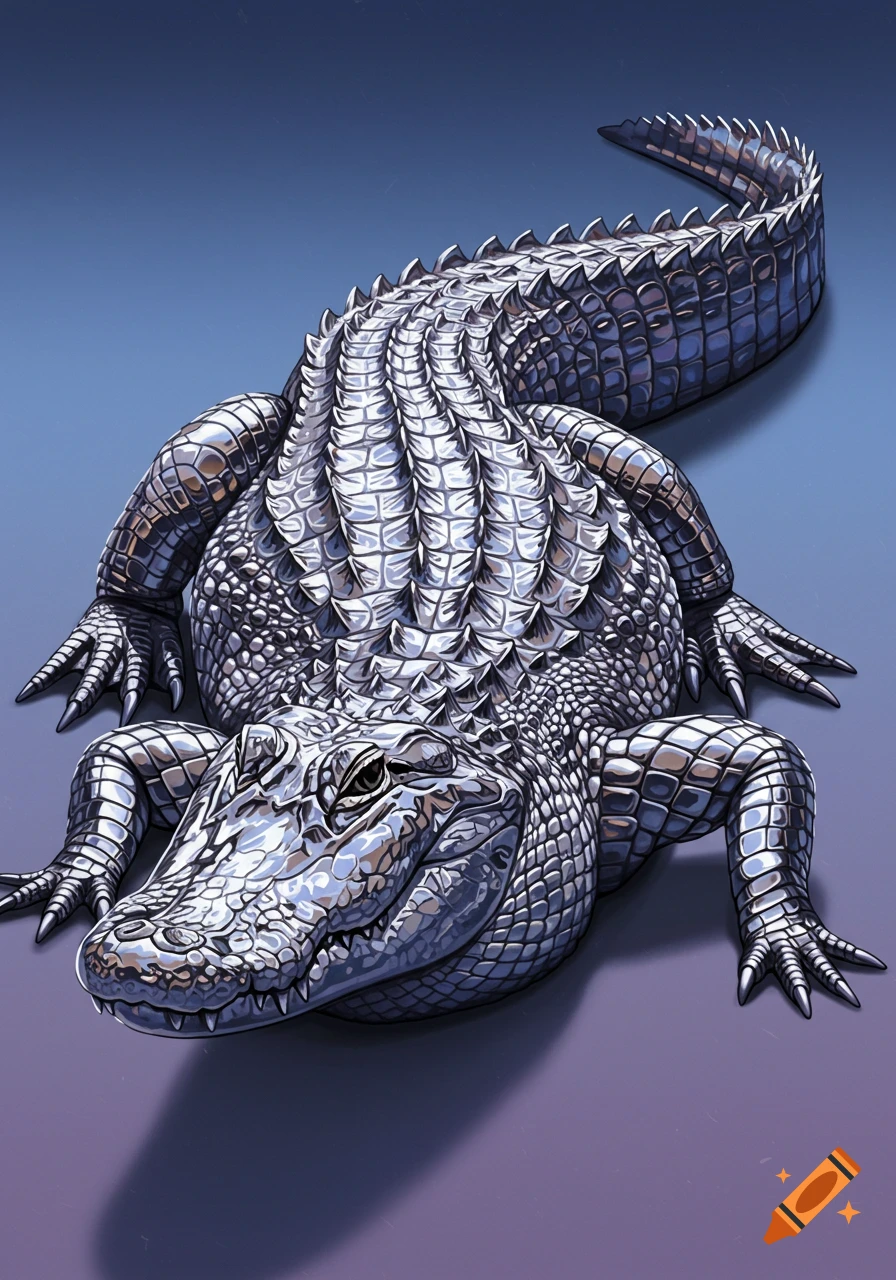A stylized illustration of a chrome alligator.