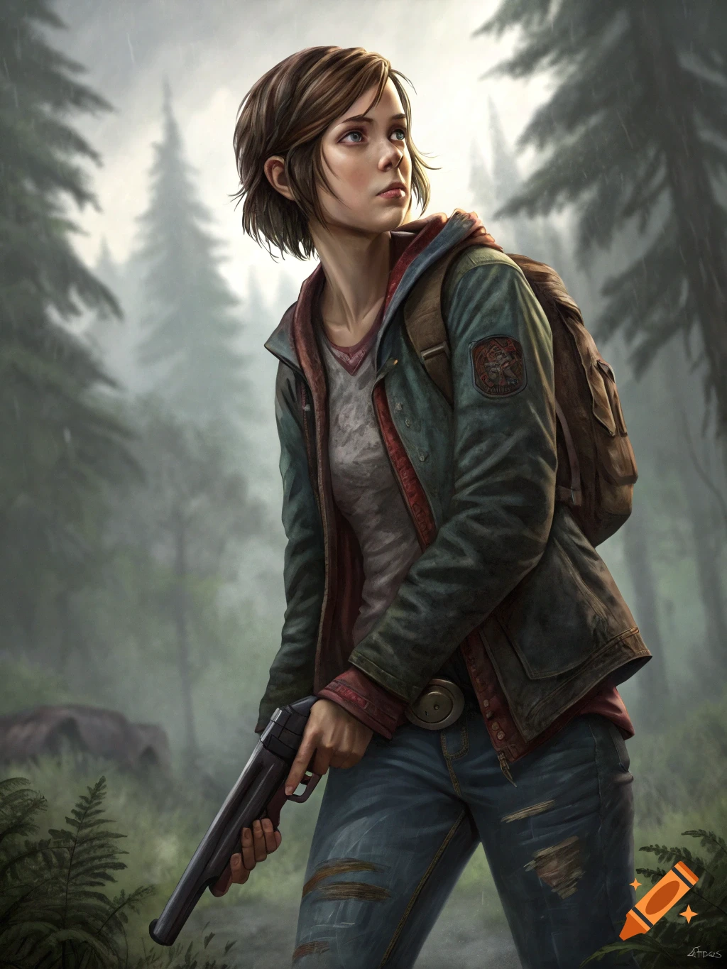 Digital painting of a young woman with a backpack and shotgun in a misty forest.