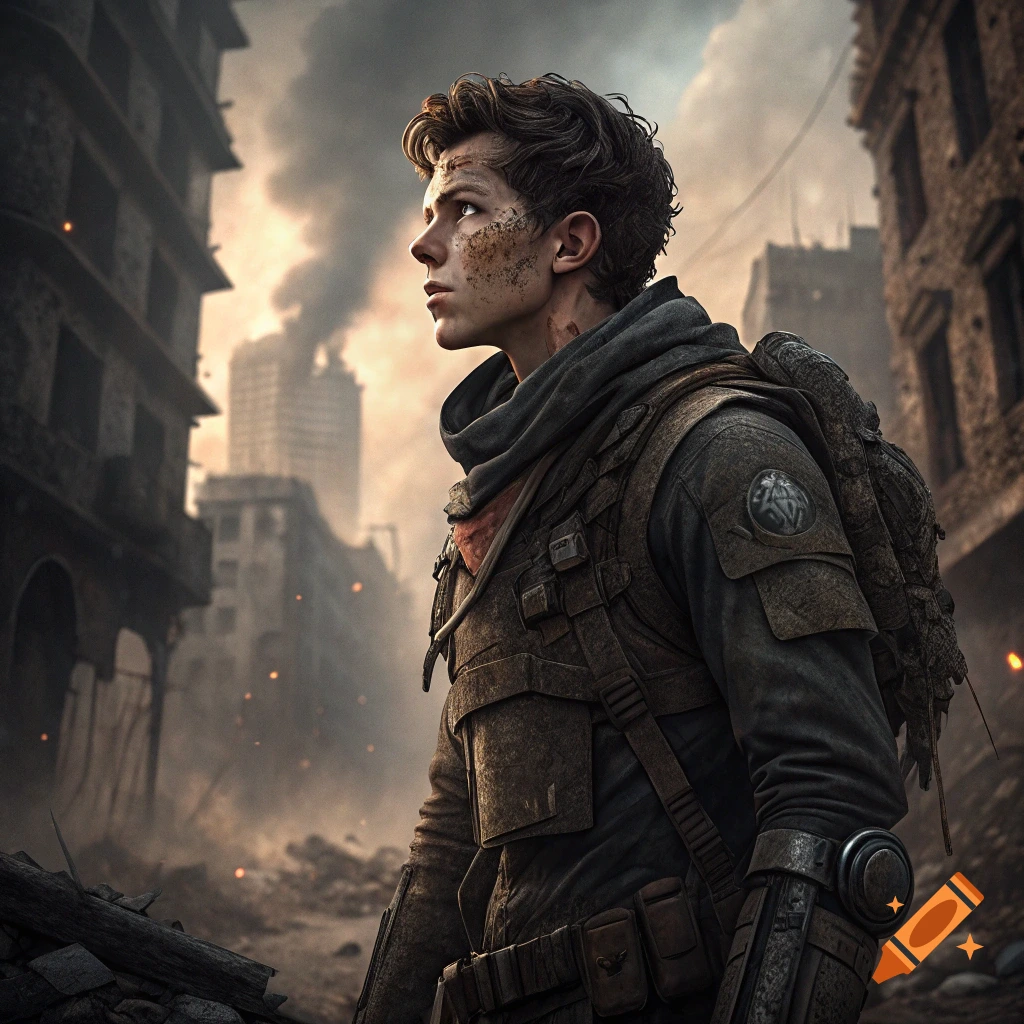 A young man with dirt on his face stands in a ruined city, wearing survival gear and a backpack.