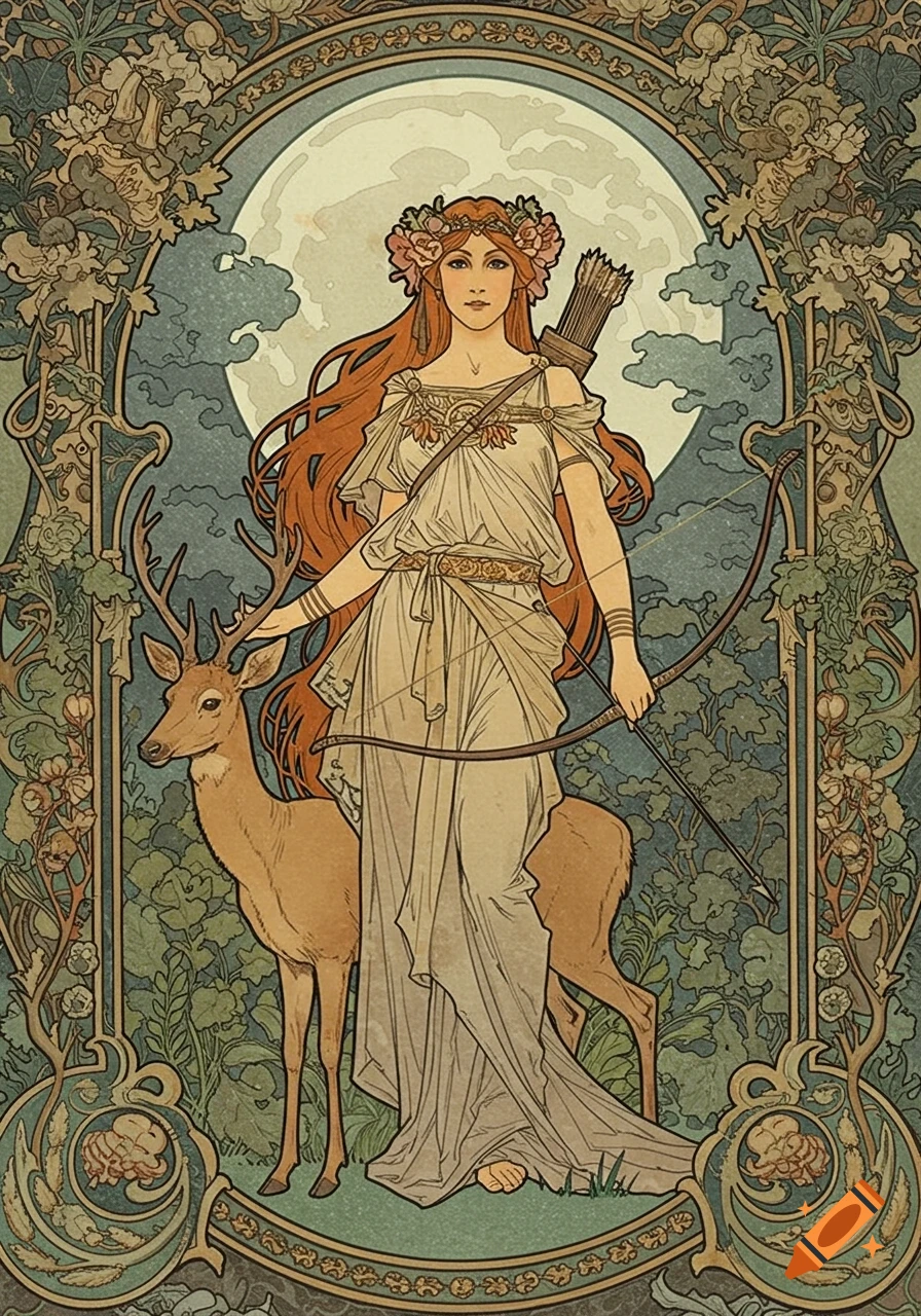 Mucha style illustration of Artemis with a deer, bow, and arrow, standing under a full moon.