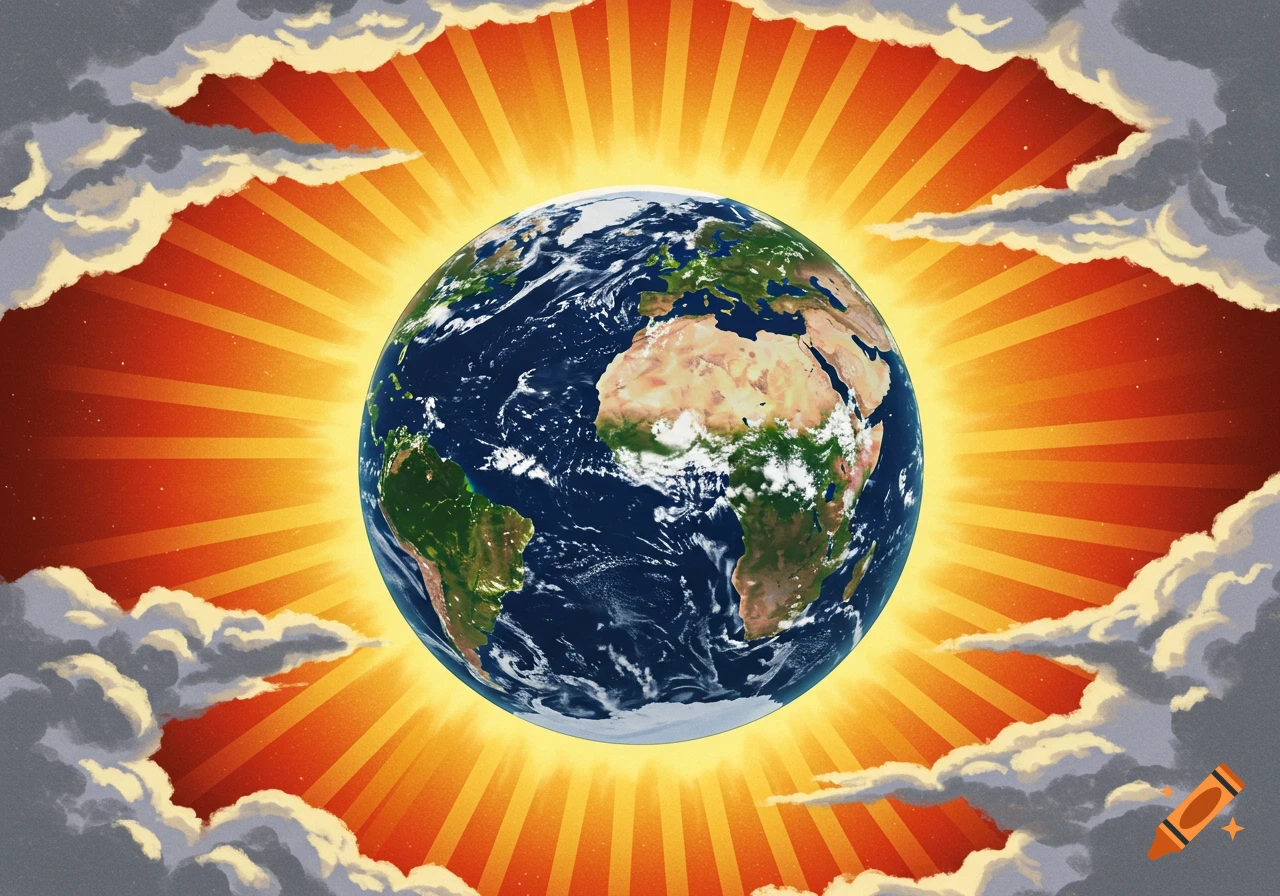 Earth surrounded by sun rays breaking through clouds, illustrative style.