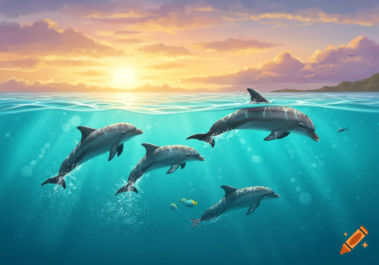 Illustration of dolphins swimming underwater and jumping near the surface at sunset.