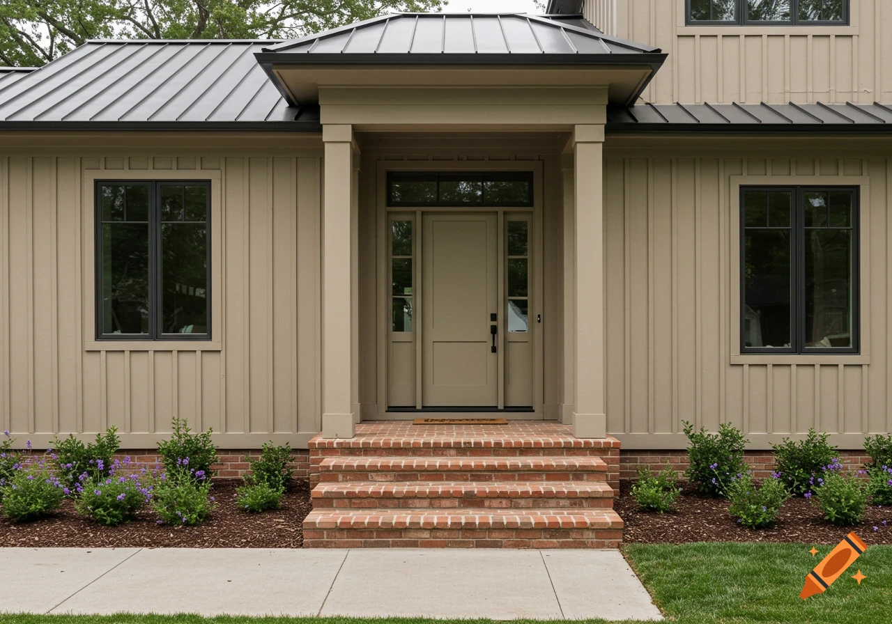 Entrance of a modern farmhouse house with taupe siding, black roof and windows, olive green door, brick steps, and lush landscaping.