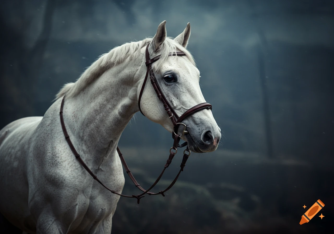 A white horse wearing a bridle looks to the right against a dark background.
