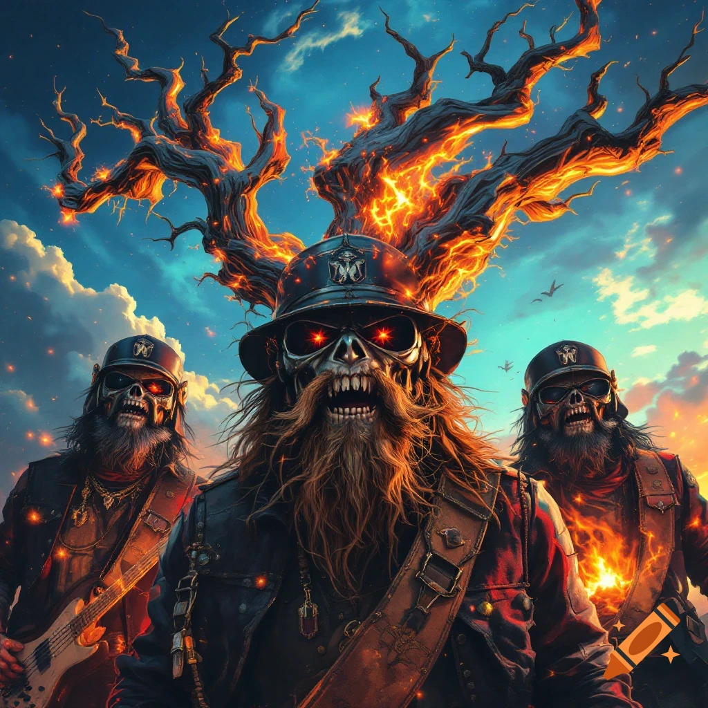 Three skeletal figures wearing hats, one holding a guitar, stand before a burning tree under a dramatic sky.