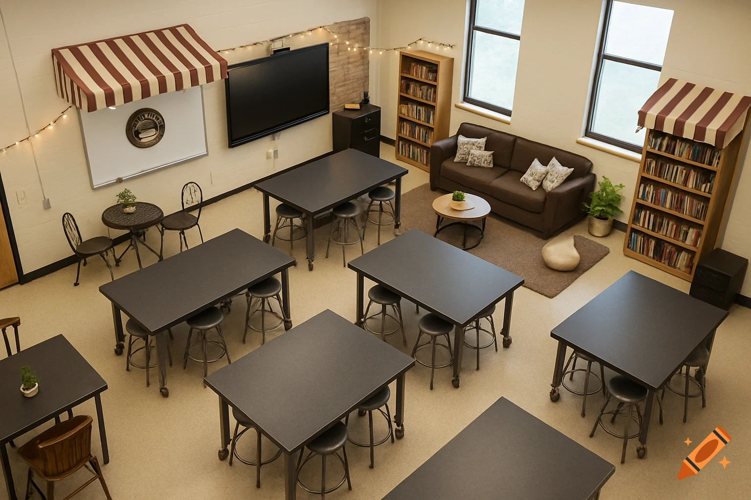 Birds-eye view of a spacious classroom with a coffee shop theme, featuring tables, stools, a couch, bookshelves, and decorative awnings.