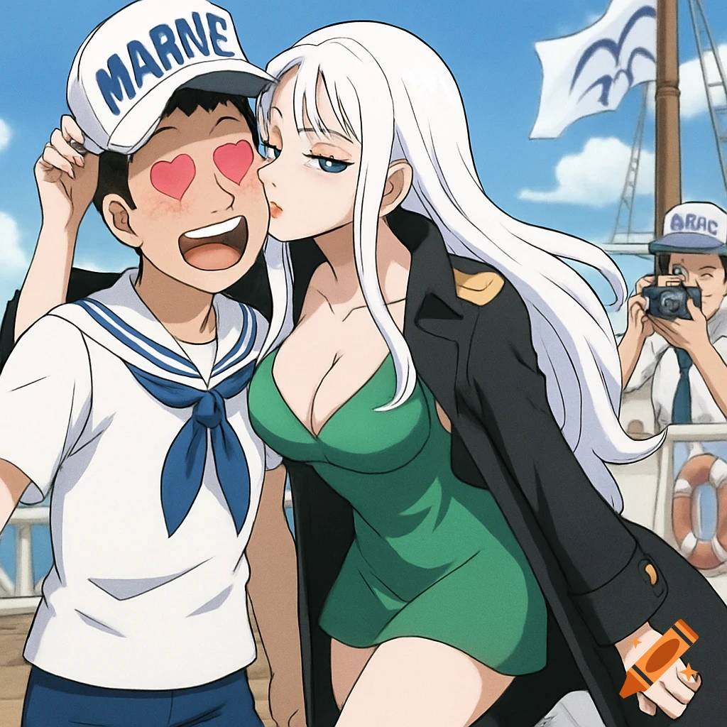 Anime drawing of a white-haired woman in a green dress and black coat kissing a sailor in uniform on the cheek on a ship. A photographer is in the background.