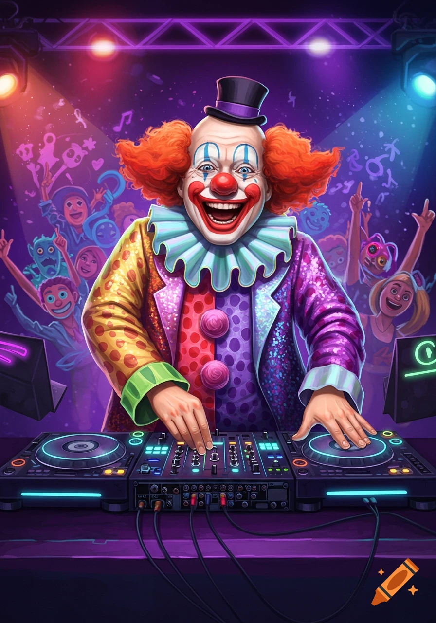A smiling clown in a colorful suit DJing at a party with a dancing crowd.
