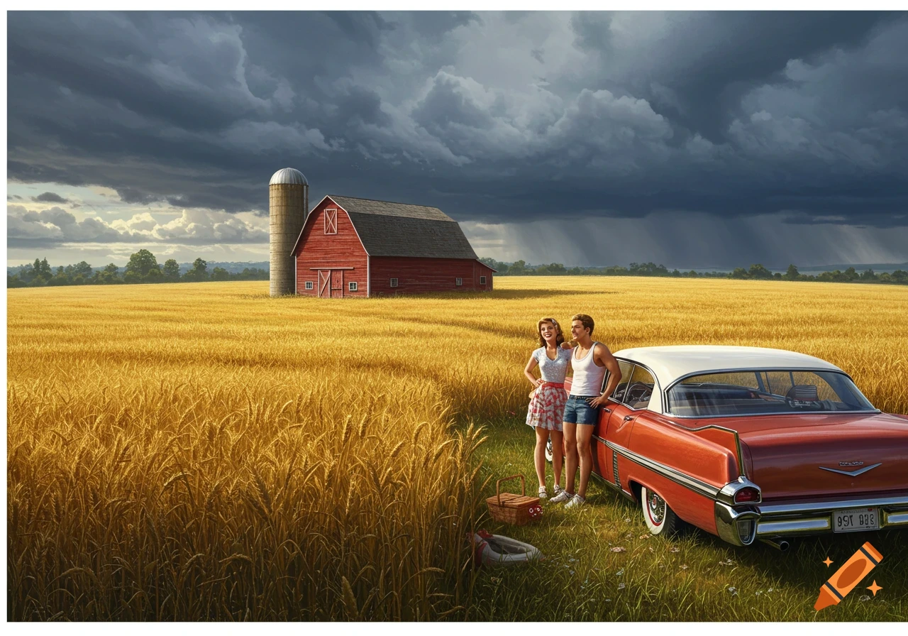 A couple stands next to a vintage red car in a golden field with a red barn under a stormy sky.