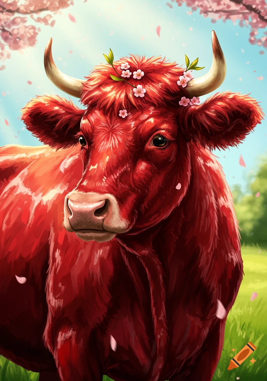 A bright red cow with cherry blossoms on its head stands in a sunny field with falling petals.